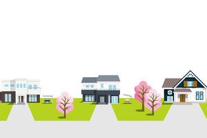 Altersarmut ist weiblich - Grafik von Wohnhäusern mit Gärten