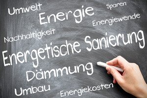 Heizkosten Preisentwicklung - Tafel mit Kreidebeschriftungen zum Thema Energie und Energetische Sanierung