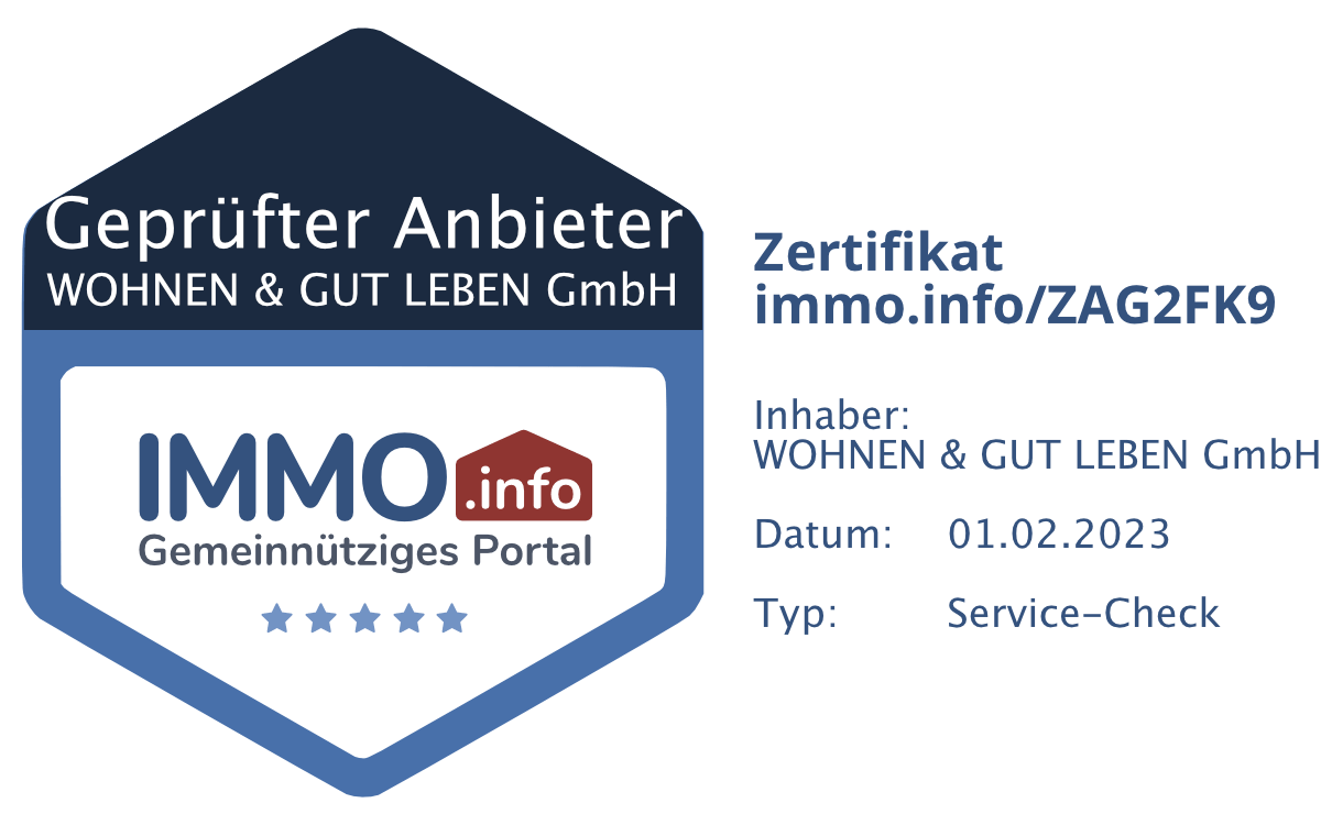 Zertifikat für den Service Vermittlung von Nießbrauch-Immobilien, Geprüfter Anbieter, Bewertung Wohnen & Gut Leben GmbH