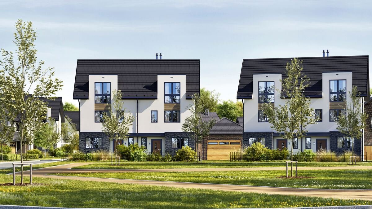 Betreten eines Nachbargrundstücks - Panorama moderner Einfamilienhäuser in neuer Wohnsiedlung