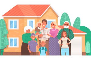 Erbengemeinschaft - Grafik von einer großen Familie vor einem Haus