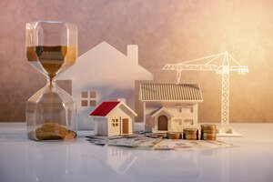 ETF-Sparplan - Modell mit verschiedenen Modellhäusern, Kran und einem Weinglas