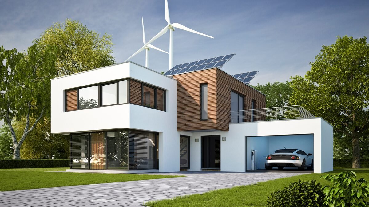 EU-GebÃ¤uderichtlinie - Modernes Wohnhaus mit Solarzellen und WindrÃ¤dern