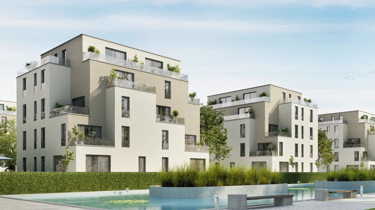 geerbte Immobilie verkaufen - Moderne weiße Wohnanlage mit Wasserbecken und Grünflächen