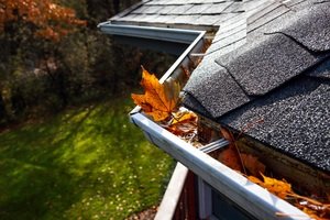 Mit Laub gefüllte Dachrinne an einem Wohnhaus